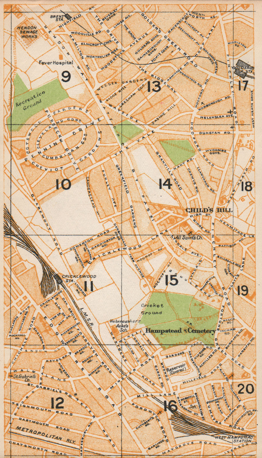 LONDON NW. Cricklewood West Hampstead Golder's Green Child's Hill 1935 map